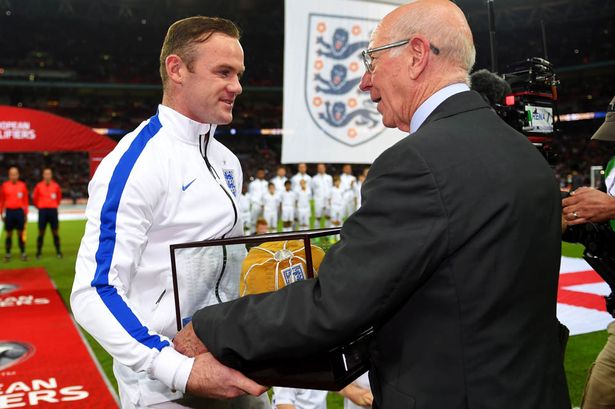Wayne Rooneys presentation of 100th Honours Cap by Bobby Charlton